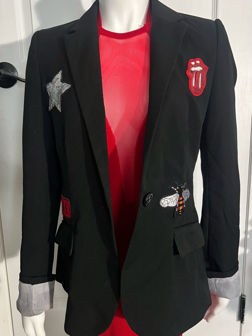 Black Embroidered Patch Blazer with Red Accents